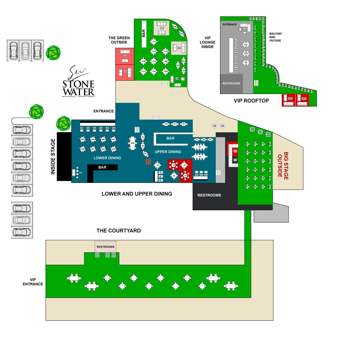 Stone Water Dallas floor plan showing Dining Area, Green Patio, Big Stage, and VIP Lounge / Karaoke Room